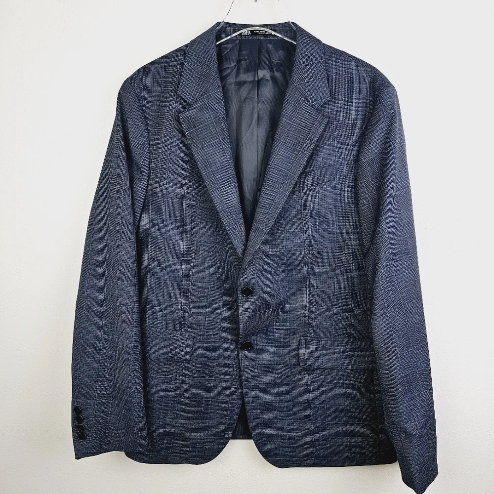 Zara Navy Blue Plaid Wool Blazer, size 42